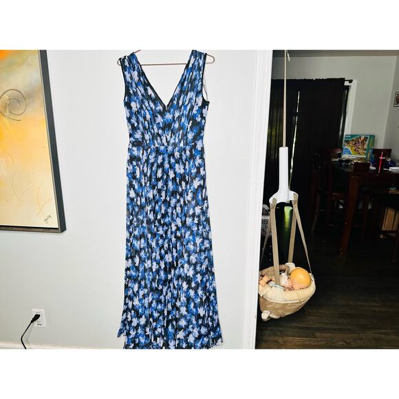 ML MONIQUE LHUILLIER Blue Black Melanie V-Neck Maxi Chiffon Dress size 6 - Picture 3 of 11